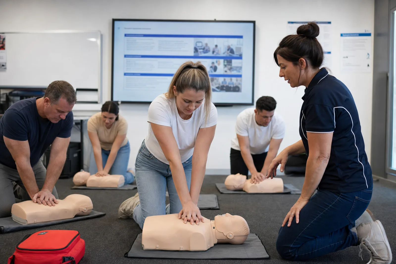 Adult learners practising CPR on manikins with an instructor observing